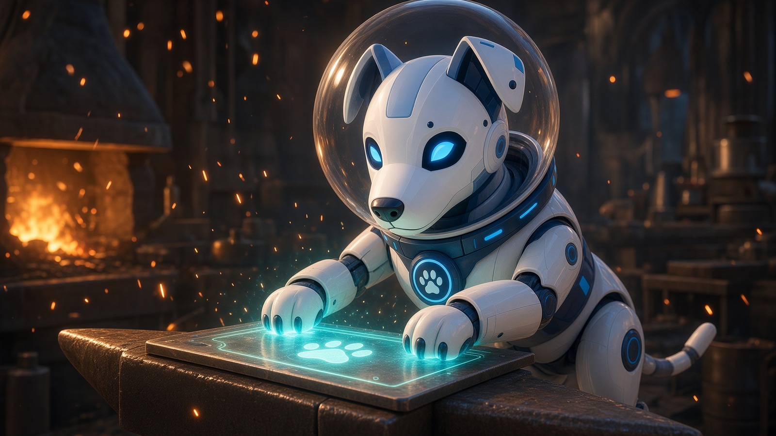 BotInu at a dark forge, paws on a glowing contract plate