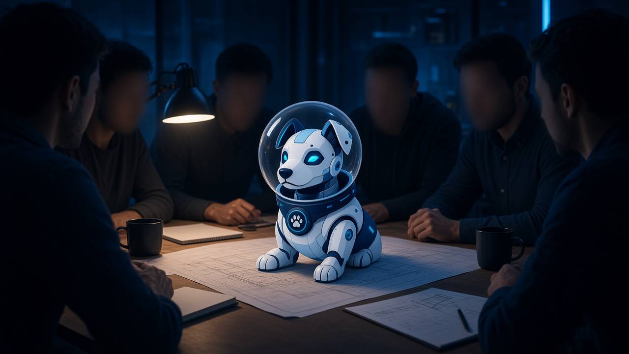BotInu at a work table with a small project team