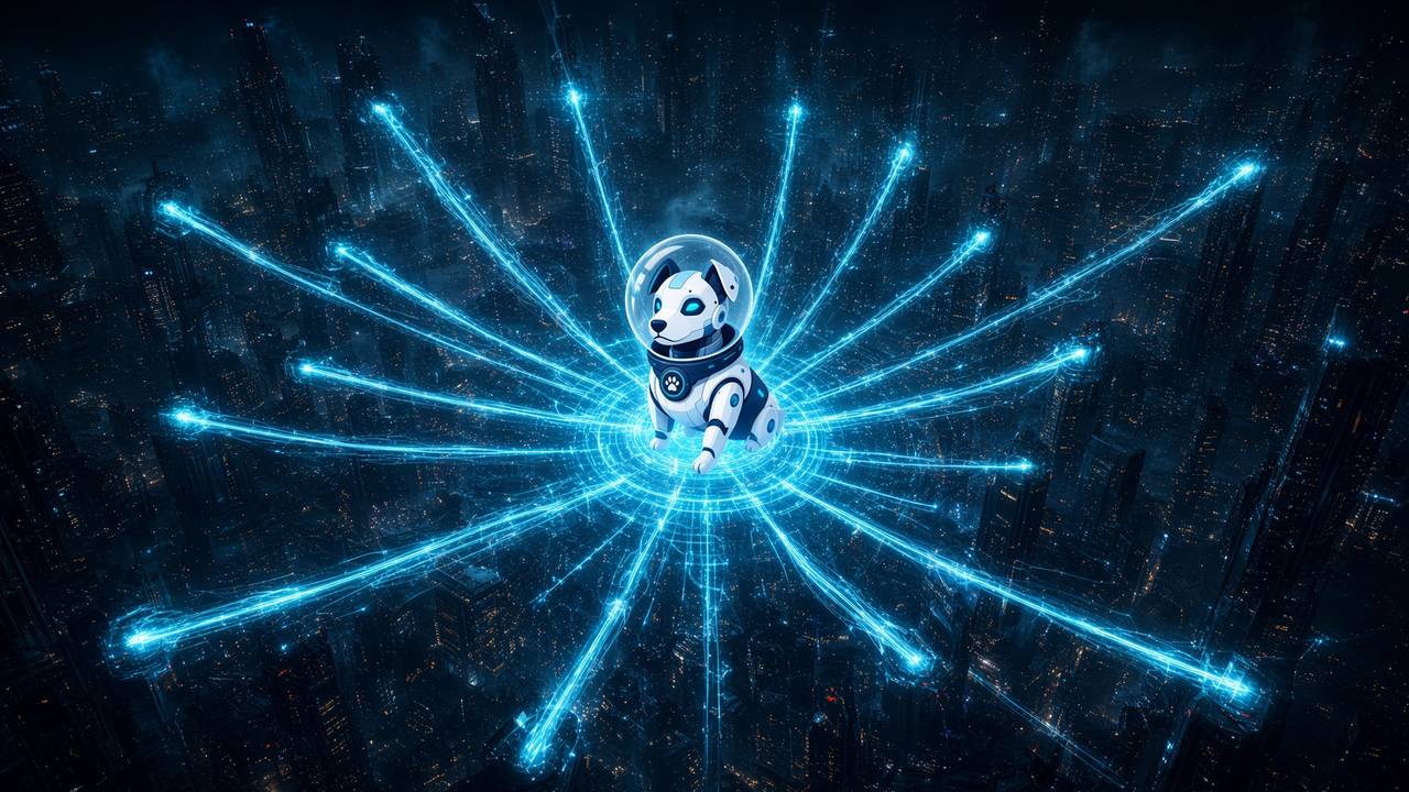 BotInu at the center of a radiating city of cyan lights