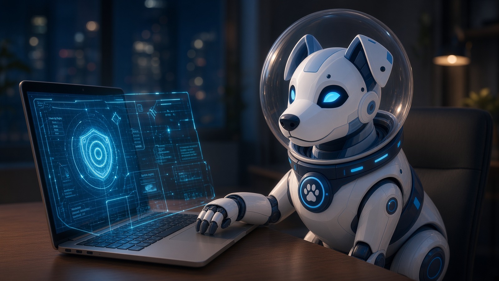 BotInu at a night desk, one paw on a laptop showing a small cyan HUD