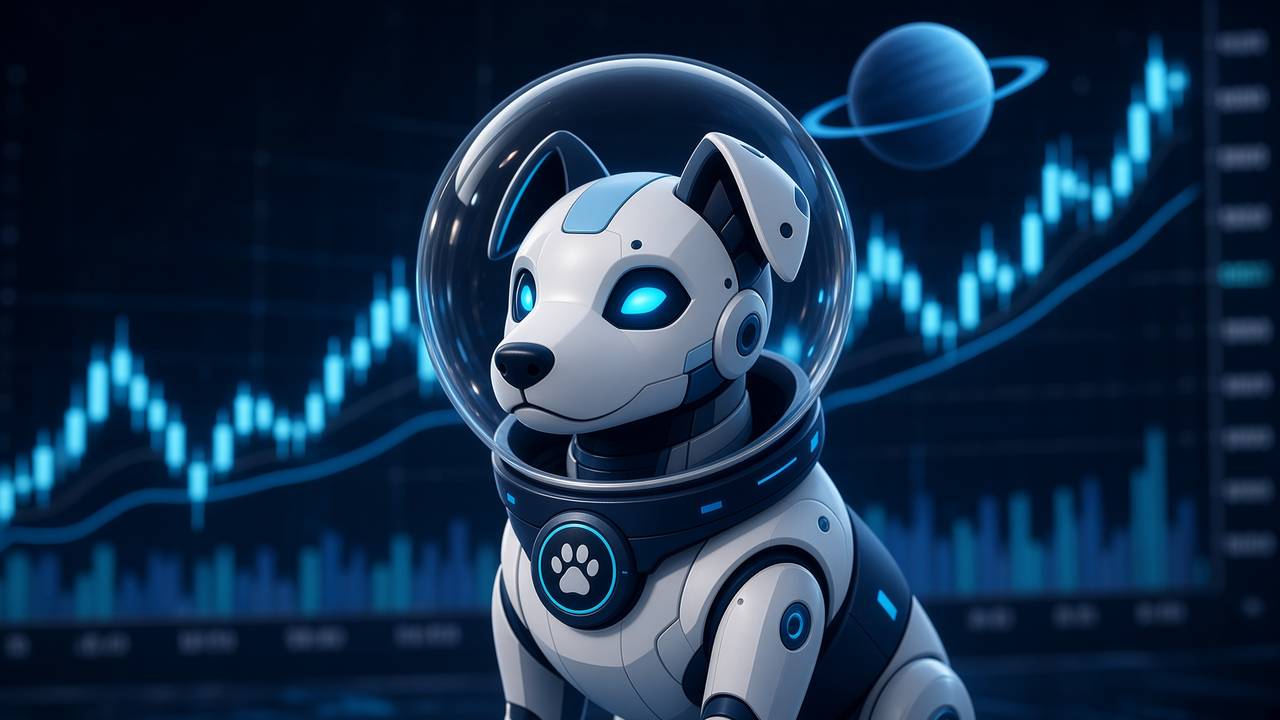BotInu in front of a live cyan candlestick chart