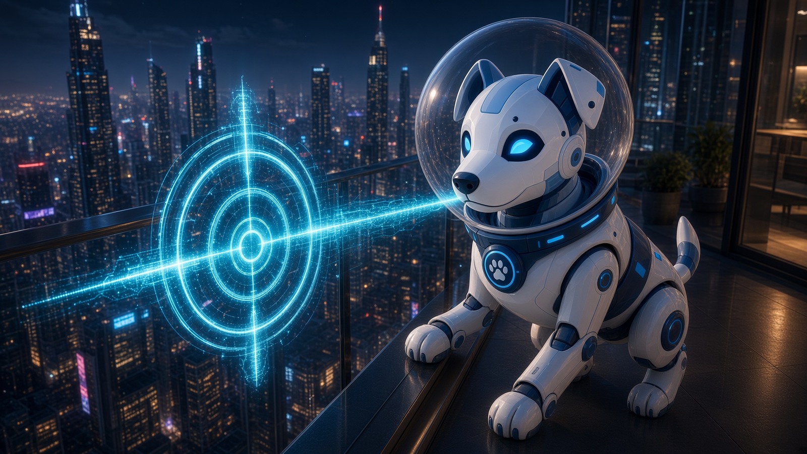 BotInu on a night overlook, visor on a cyan crosshair over the city