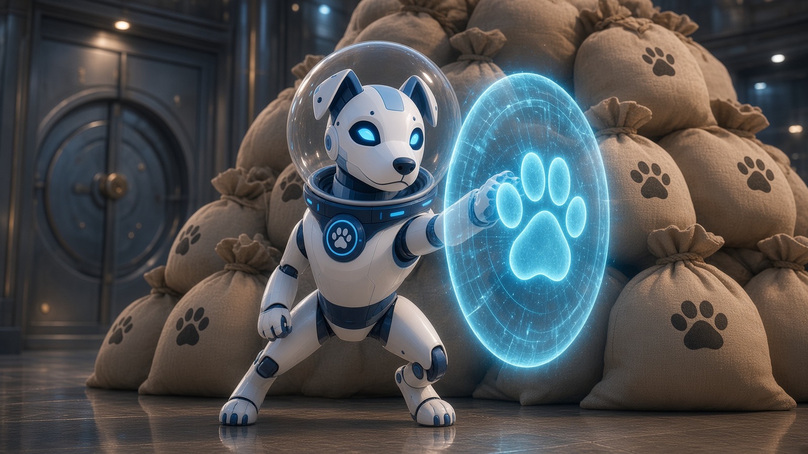 BotInu standing in a vault hall, a cyan shield in front of stacked bags
