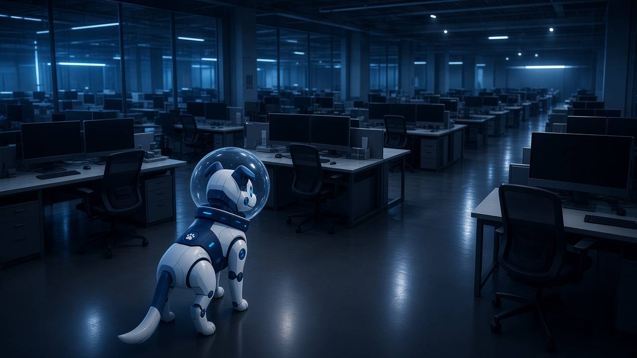 BotInu at the threshold of an empty night trading floor