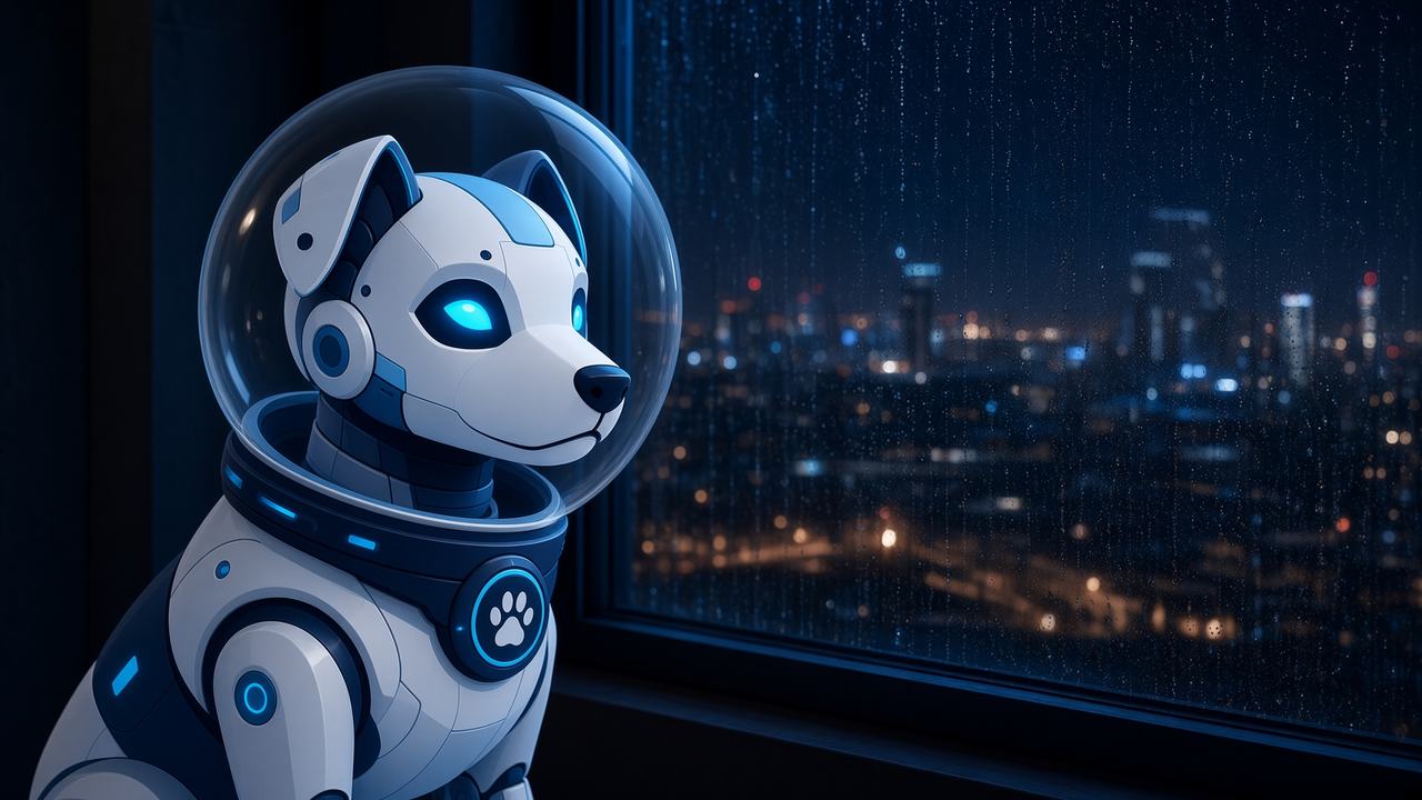 Official InuBot mascot looking out a rain-streaked night studio window