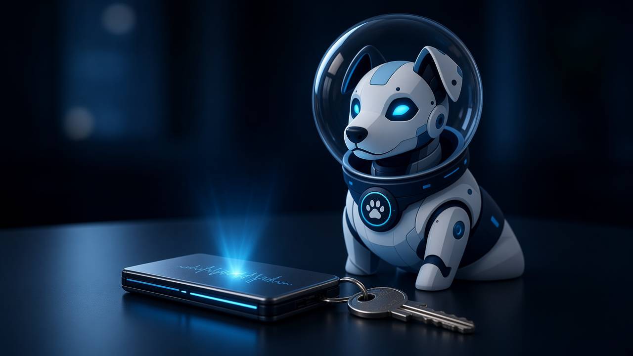 BotInu beside a hardware wallet on a dark desk